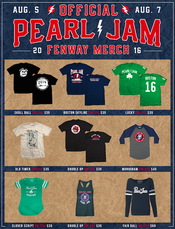 PEARL JAM 北米ツアーTシャツ 2016 Pearl Jam - Fenway Park Official Merch & Schedule